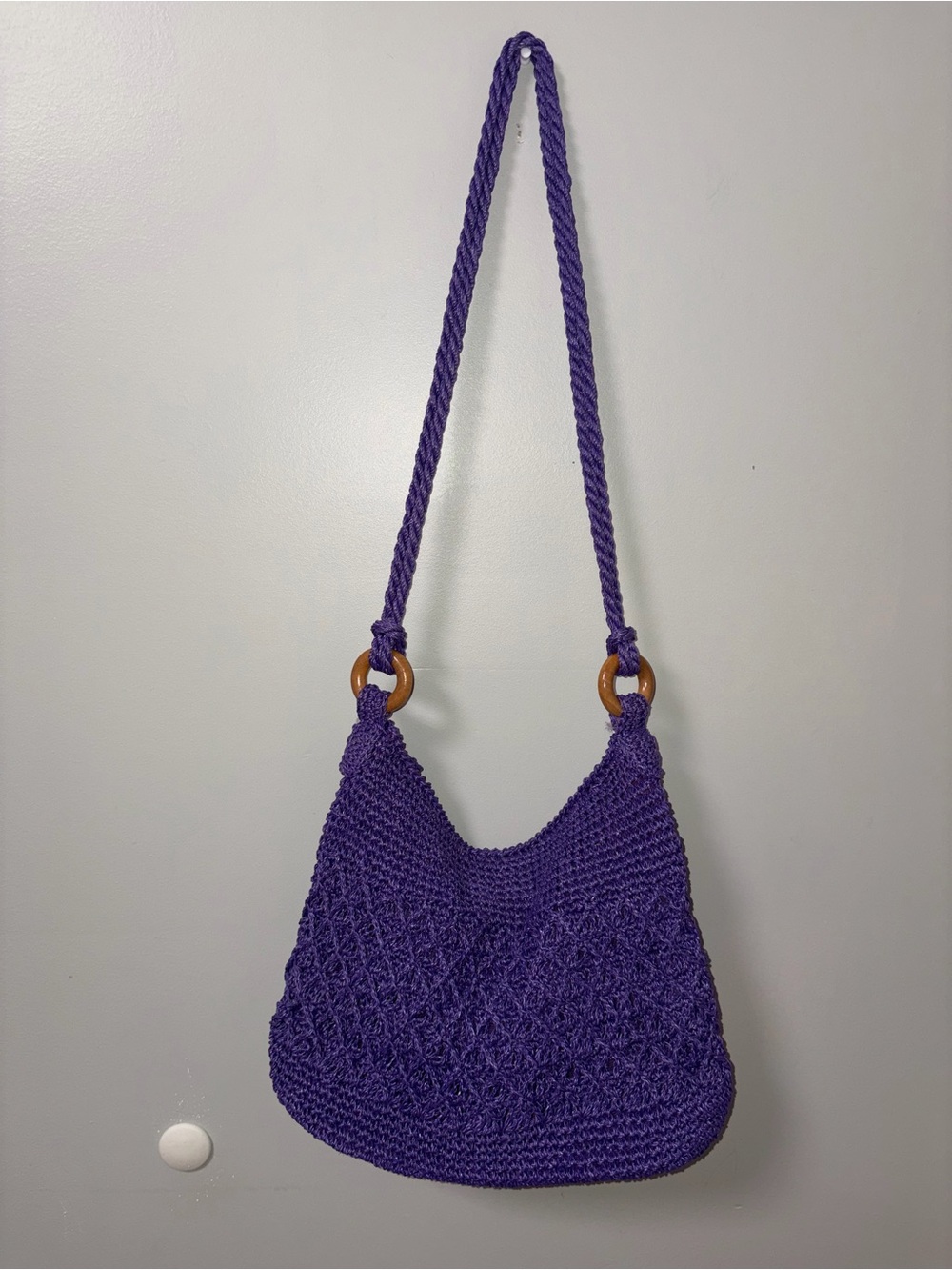 Vintage AXIOM Purple Crochet Woven Macramé Zip Shoulder Boho Hobo Bag Japan